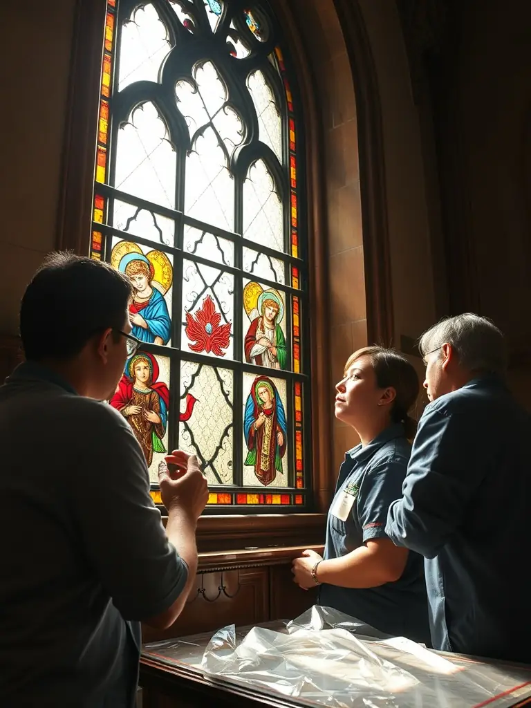 A photograph of a group of volunteers cleaning and polishing the pipes of a historic organ in a church setting, showcasing the hands-on restoration work undertaken by ORGUE ET PATRIMOINE.