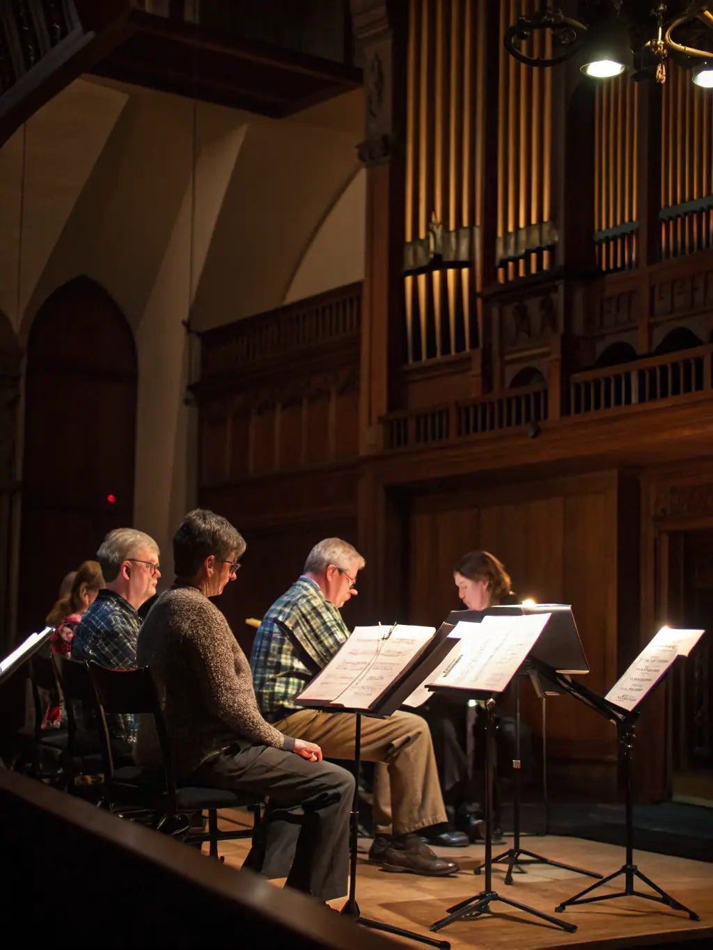 A picture of a group of people on a guided tour of a historic organ, with a knowledgeable guide explaining its features.