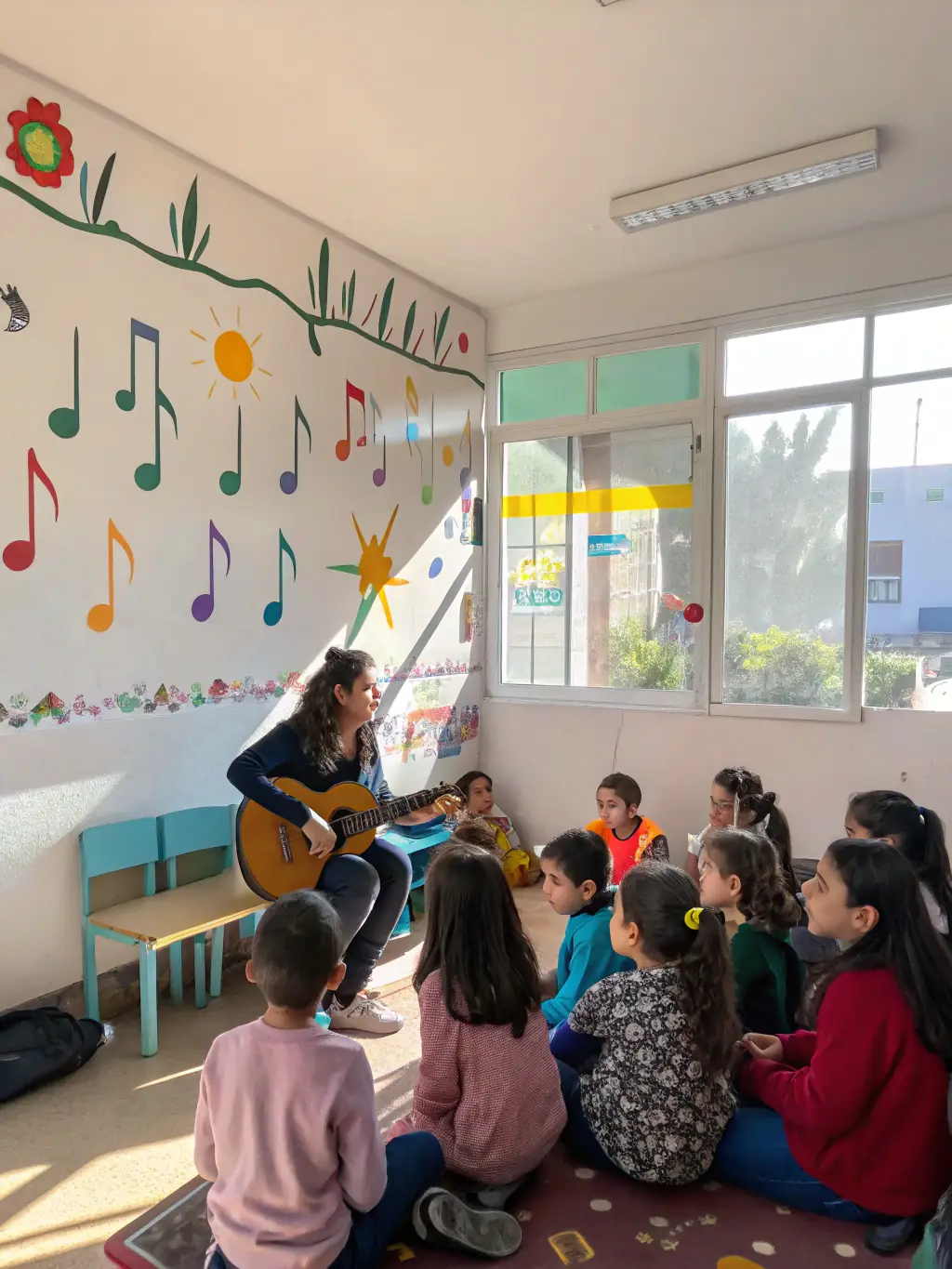 A vibrant image of children participating in an organ music education program, with a teacher demonstrating the instrument.